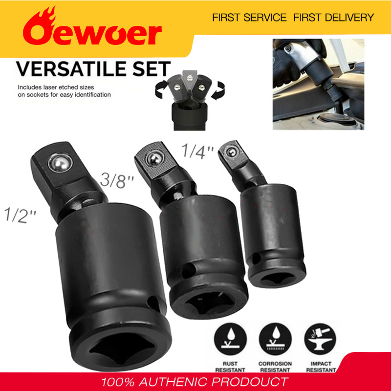 Oewoer Impact Universal Joint Socket Swivel Set, 3 Piece, CrMo, 1/4, 3/8, 1/2 Drive, Black