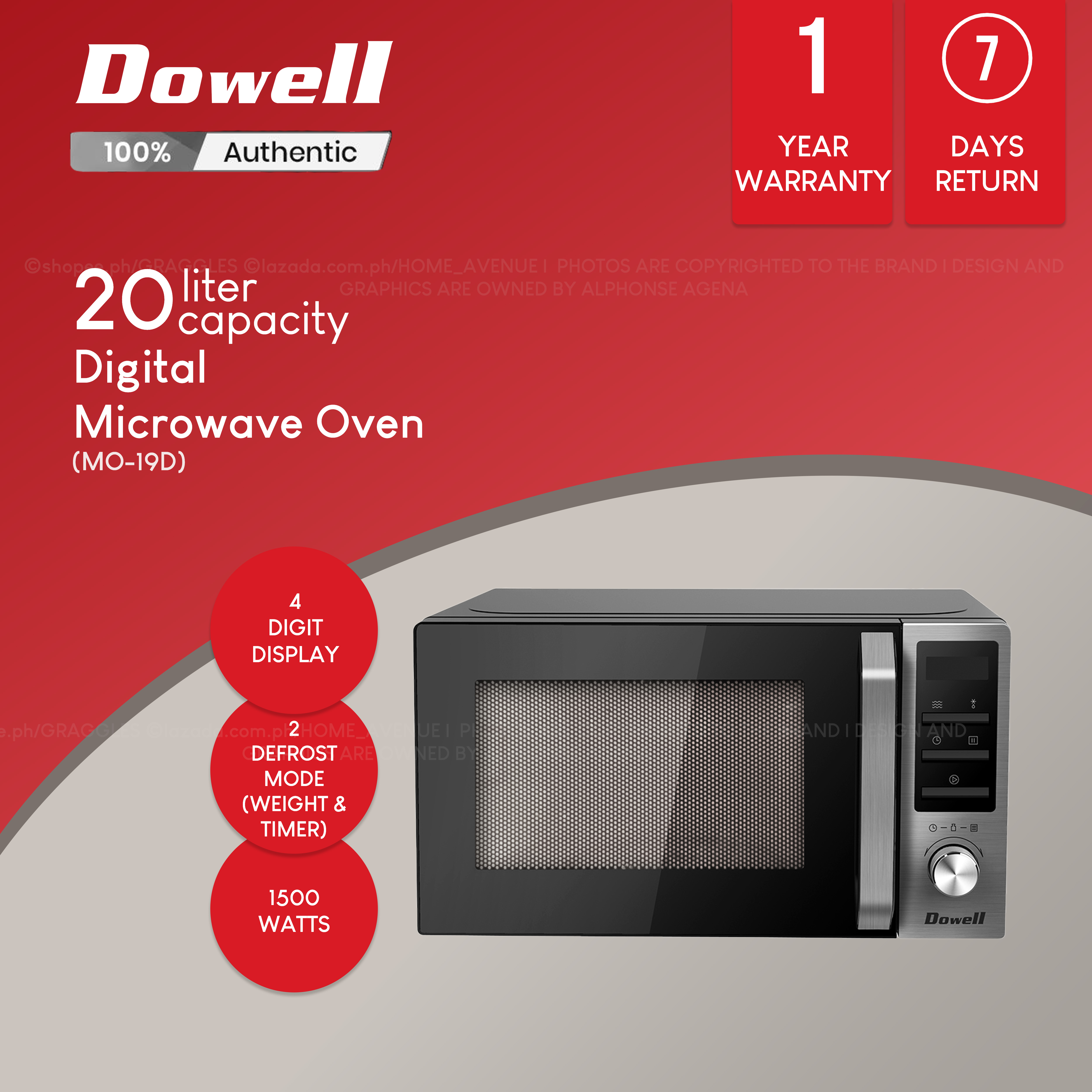 Dowell 20L Digital Microwave Oven with Defrost Function MO19D Lazada PH