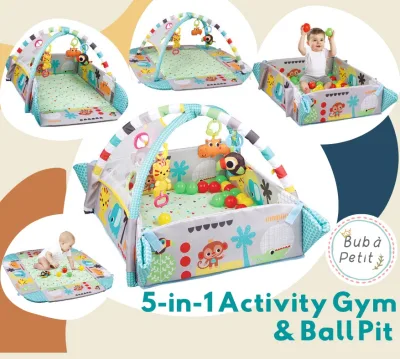 5-in-1 Jumbo Musical Activity Gym & Ball Pit | Oversized Play Mat for Tummy Time | Giant Infant Playmat for Newborn Baby Toddlers Kids Children Fitness with Large Plush Toys