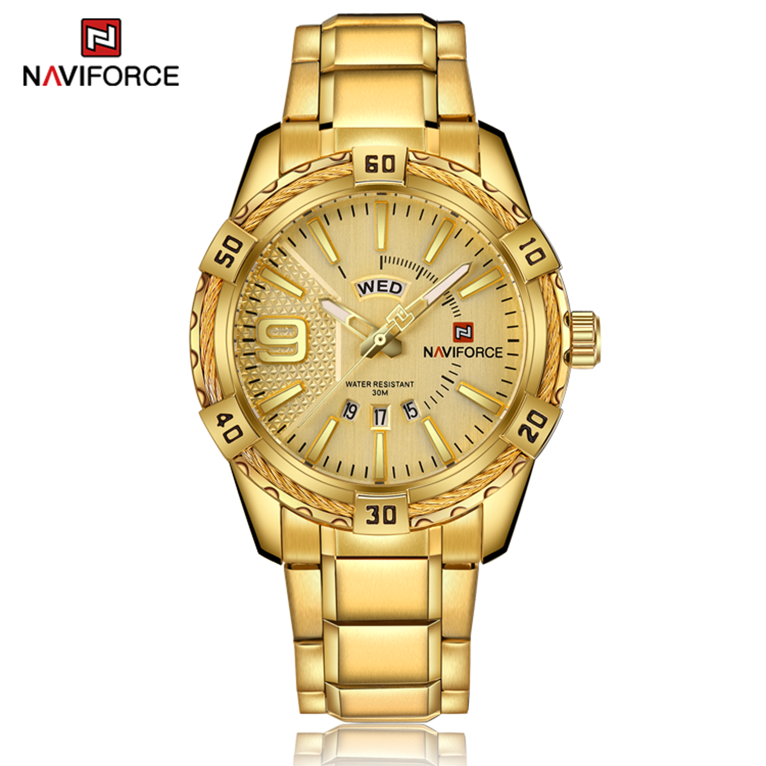 NAVIFORCE Classic Watch for Men Fashion Casual Sport Wristwatch Stainless  Steel Strap Waterproof Dual Calendar Display with Luminous Gold Watch