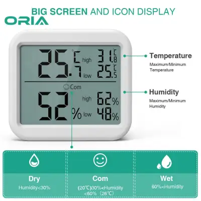 ORIA Digital Hygrometer Thermometer Temperature Humidity Gauge Meter Room Thermometer Monitor ℃/℉ Switch for Home Office Bedroom Kitchen White