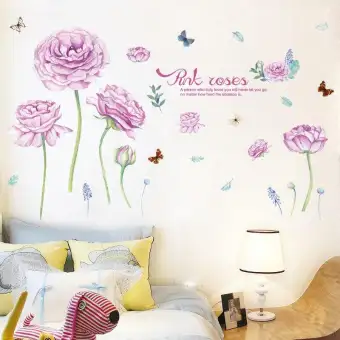 Romantic Pink Roses Butterfly Wall Stickers Bedroom Living Room Tv Sofa Background Decoration Removable Sticker Sweet Home Decal