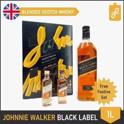 Johnnie Walker Festive Edition: Black Label Whisky 1L with Free Double Black and Gold Label 50mL Miniatures