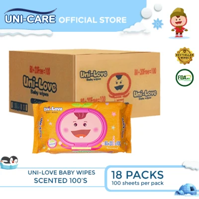 UniLove Powder Scent Baby Wipes 100's Pack of 18 (1 Case)