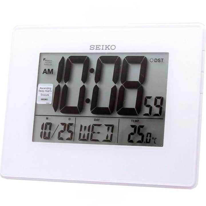 Seiko Digital Large LCD Display Alarm Desktop Calendar Clock White QHL057W 