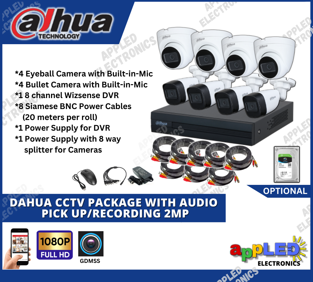 DAHUA CCTV PACKAGE WITH AUDIO PICKUP/RECORDING 2MP 8 Cameras with Built