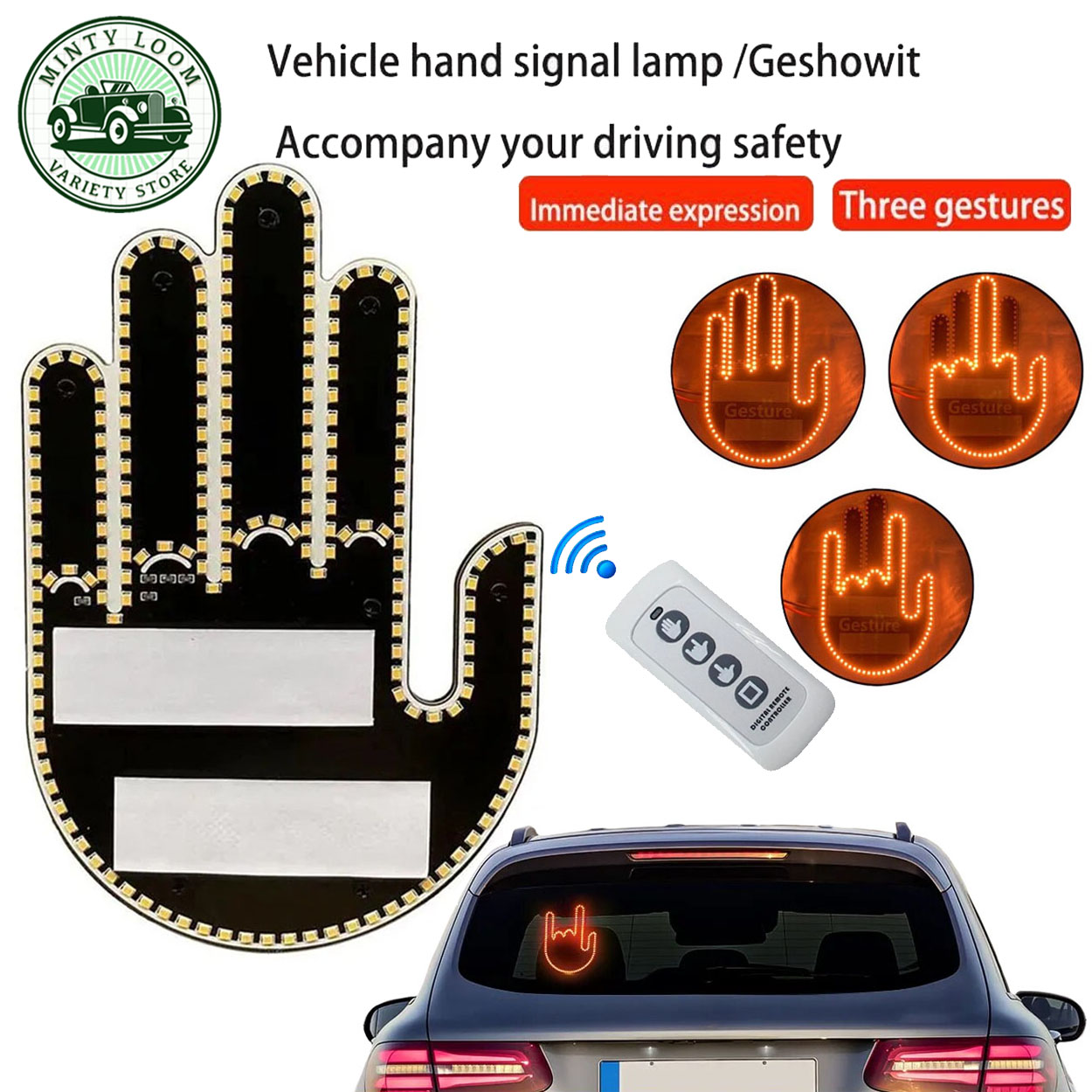 Funny Car Finger Light with Remote Road Rage Signs Middle Gesture Hand Lamp  Sticker Glow Panel