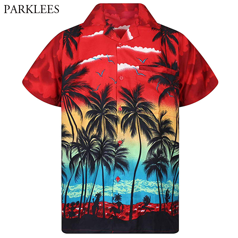 Mens Red Hawaiian Shirt Fashion Palm 