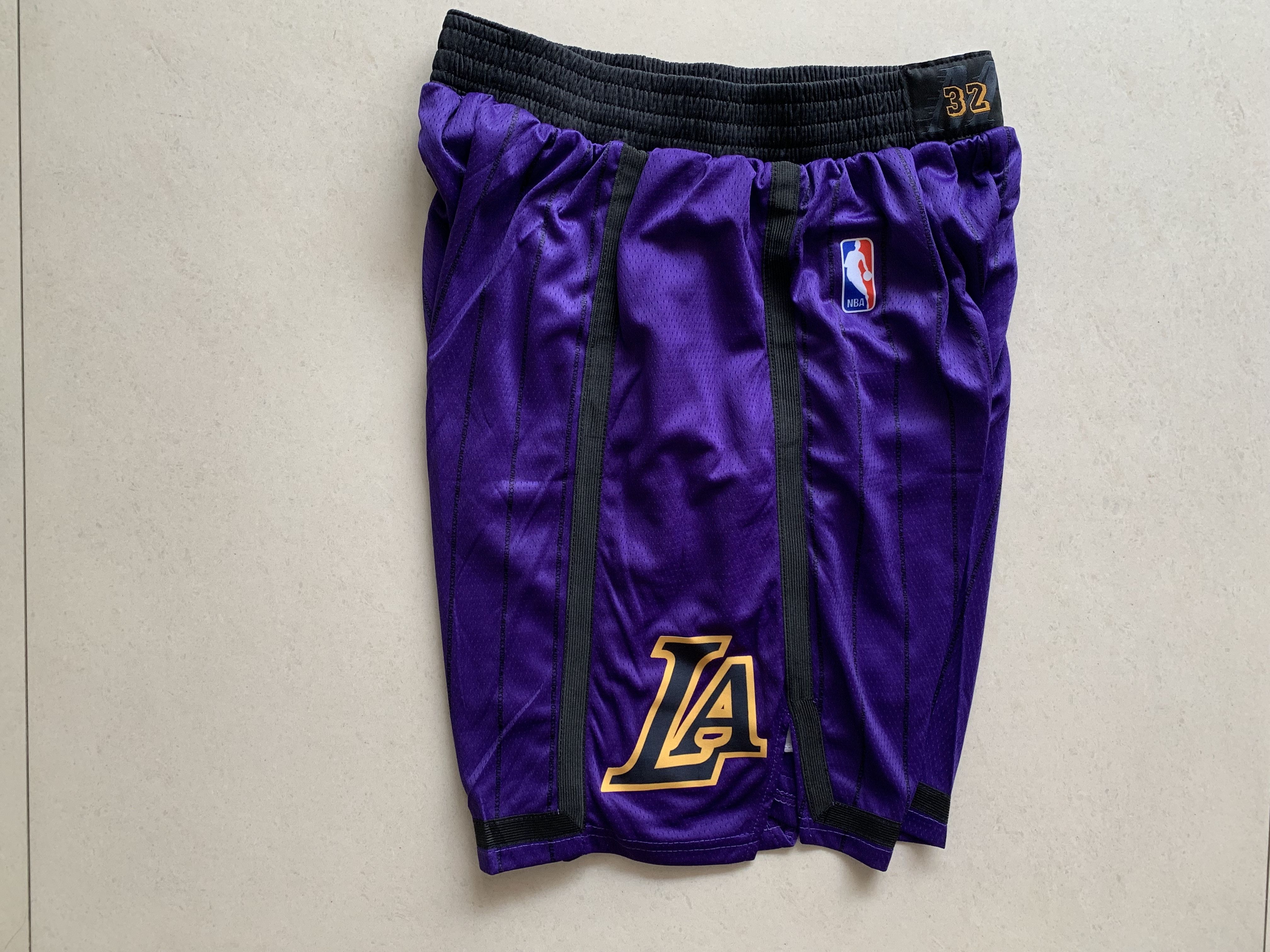 New Original Heat Pressed NBA Mens White Yellow White Blue Purple Black  Stripe Los Angeles Lakers City Edition Shorts Basketball Short