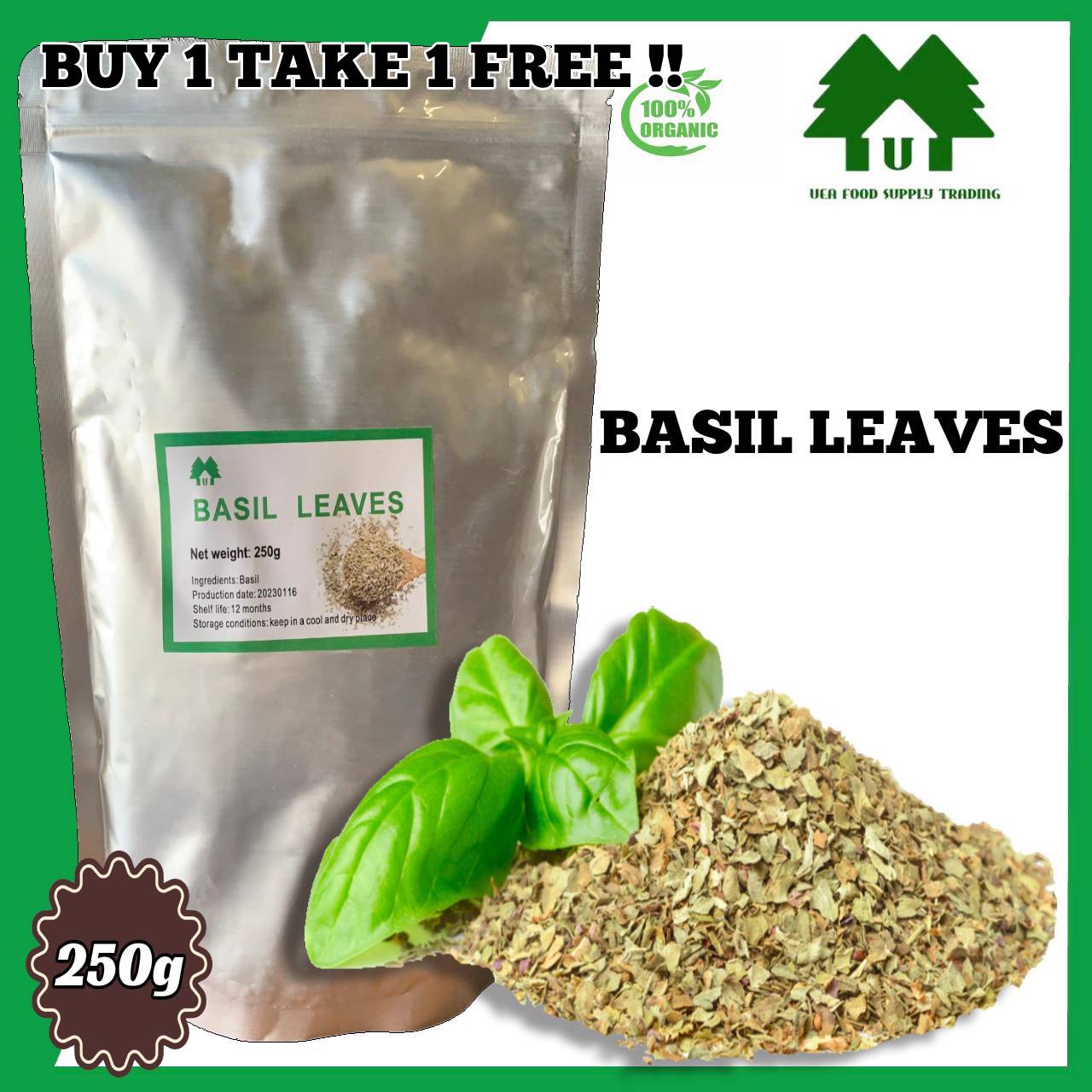 BUY 1 GET 1 FREE Dried Basil Leaves 250g Organic Spices