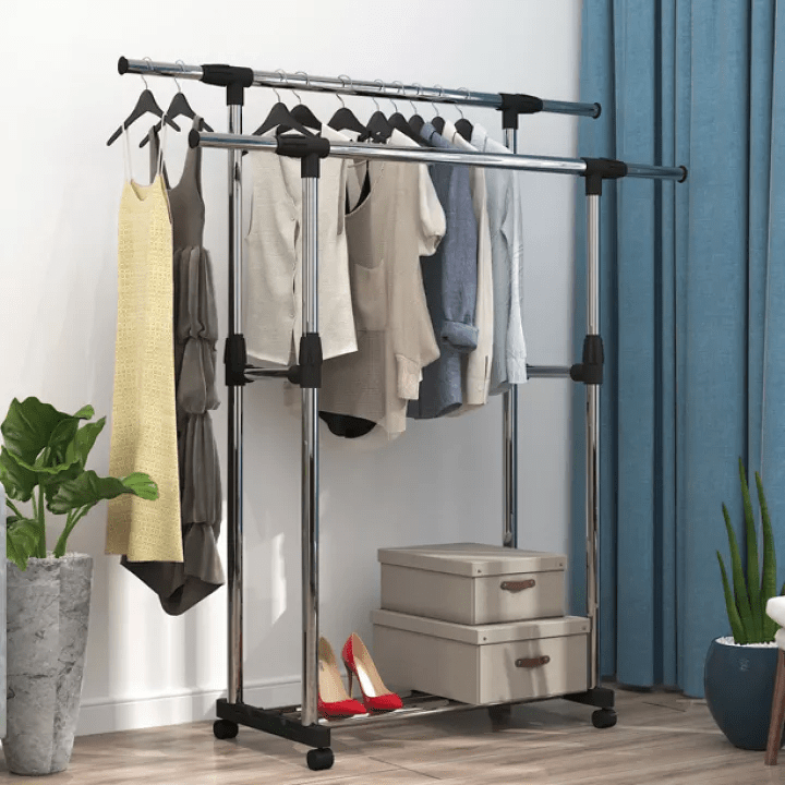 Indoor Double pole with rollers Adjustable Rolling Clothes Hanger Coat