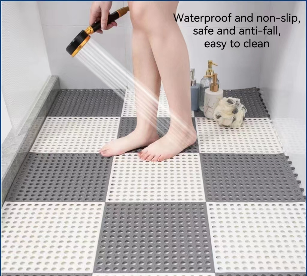 Interlocking Rubber Floor Tiles 4PCS with Drain Holes DIY Bathroom ...