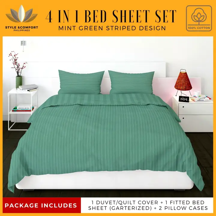 4 In 1 Bedsheet Set Striped Mint Green, Mint Color Bedding Sets
