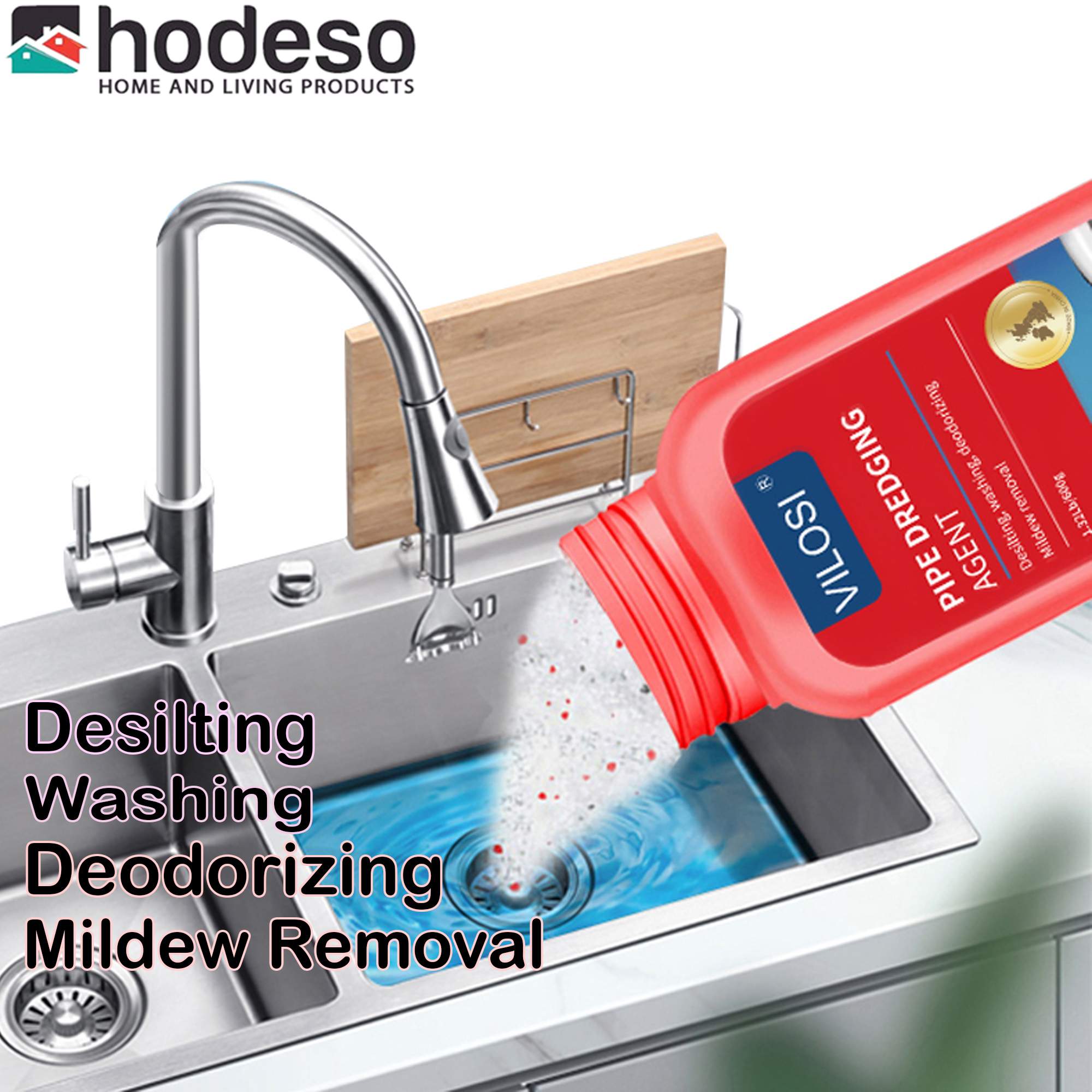 Hodeso Toilet, Sink and Drain Declogger Solution Dissolves Grease, Hair