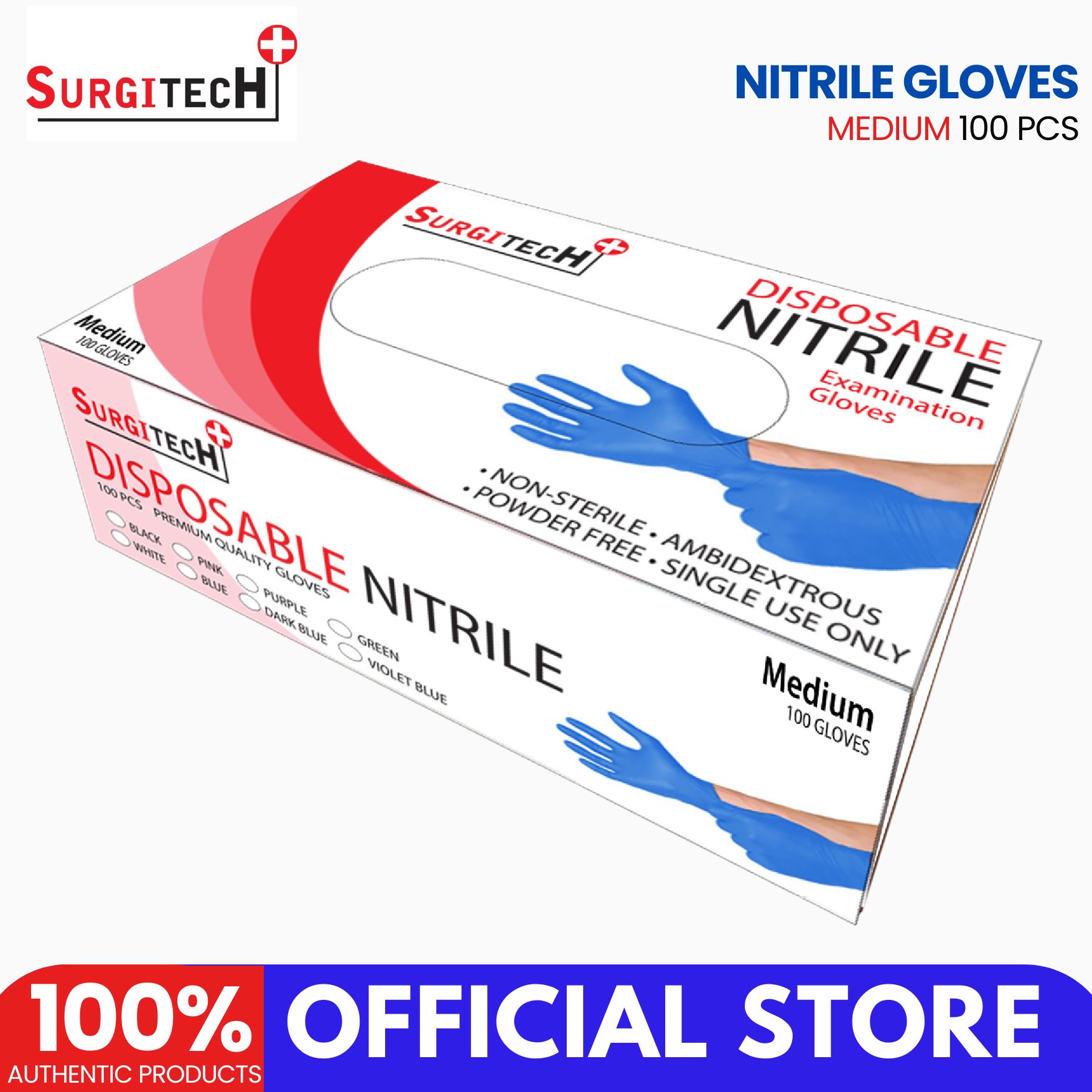 Surgitech Nitrile Examination Gloves Medium Box of 100 Local