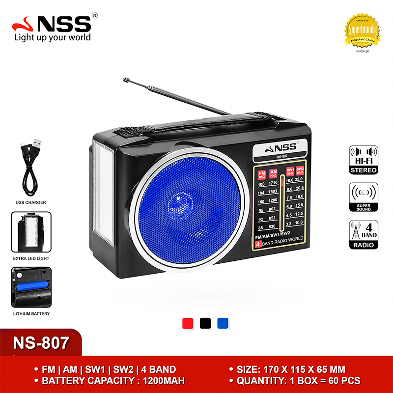 NSS 4 Band Radio AM FM SW1/SW2 Portable Radio Emergency Light Rechargeable 1200mAh Radio DC/AC