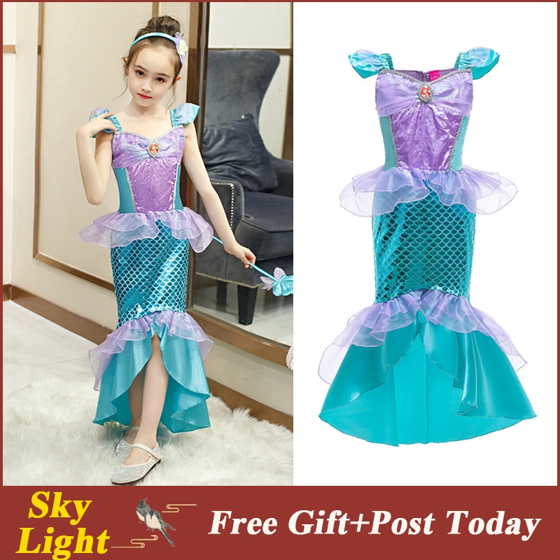 Little Mermaid Costume Ariel Girls light up princess Glowing Size 2-10  XS S M L 