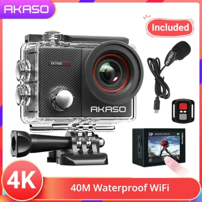 【Upgraded version-Can Use & Included External Microphone】AKASO EK7000 Pro 4K/25fps, 2.7K/30fps, 1080P/60fps 16MP Action Camera with 2 Touch Screen EIS Adjustable View Angle 40m Waterproof Camera Remote Control Sports Camera with Helmet Accessories Kit