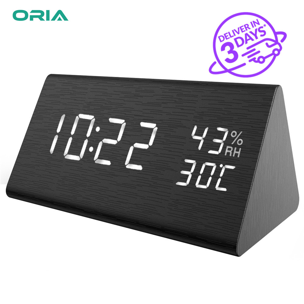 LED Digital Alarm Clock Wooden Thermometer USB Touch Activate Date Voice Display 