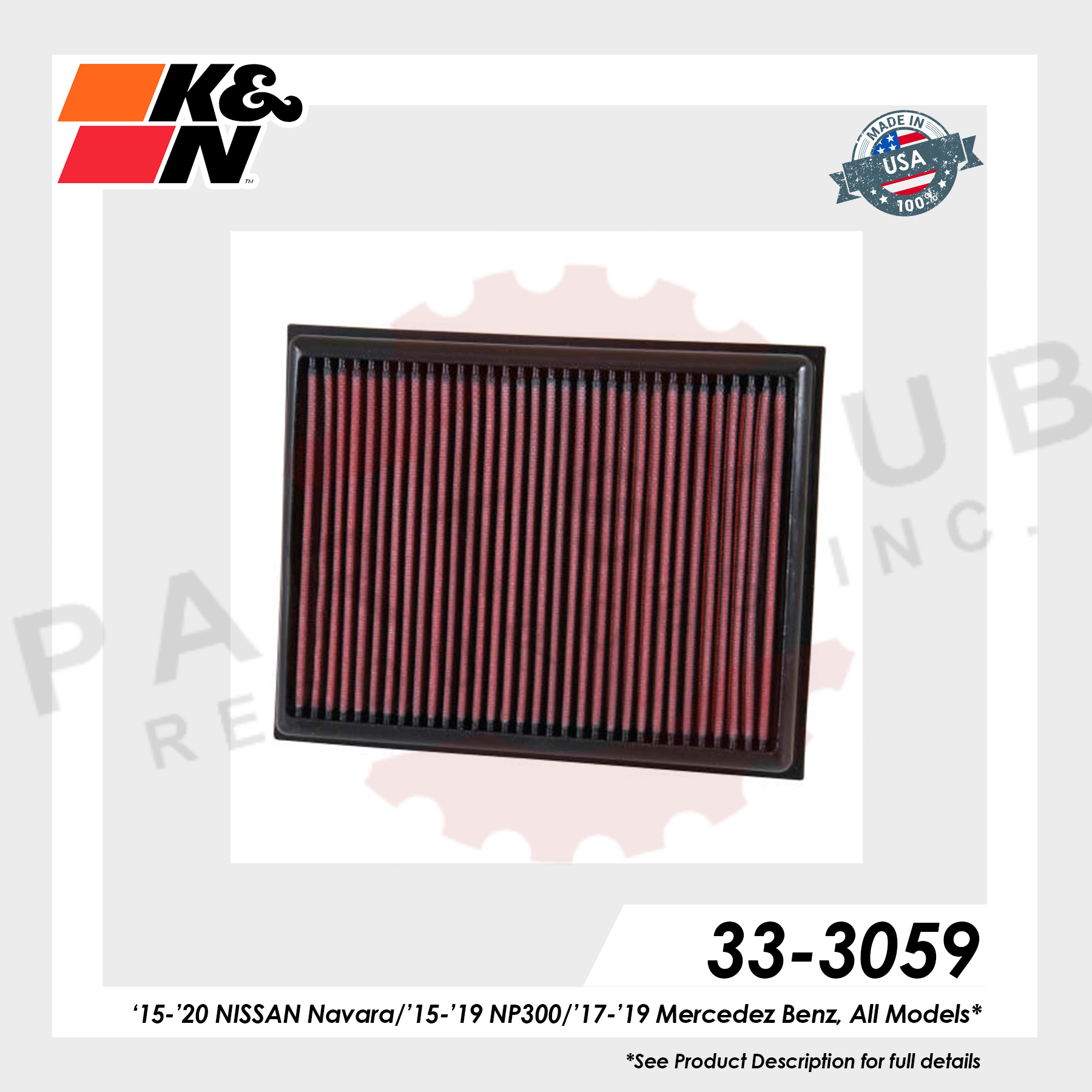 K&N 33-3059 High Performance OE Style Filter For 15-17 Nissan Navara/Np300 