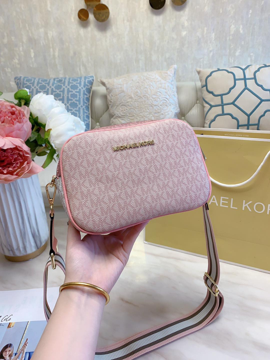 R&E Branded Bags.Ph NEW 2021 Women Fashion 2 Tone MK Leather Cross Bag  Small Sling Bag 2 Compartments in PINK COLOR