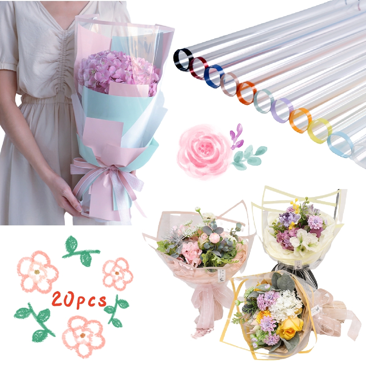 Cellophane Waterproof Colorful Border Transparent Flower Wrapping