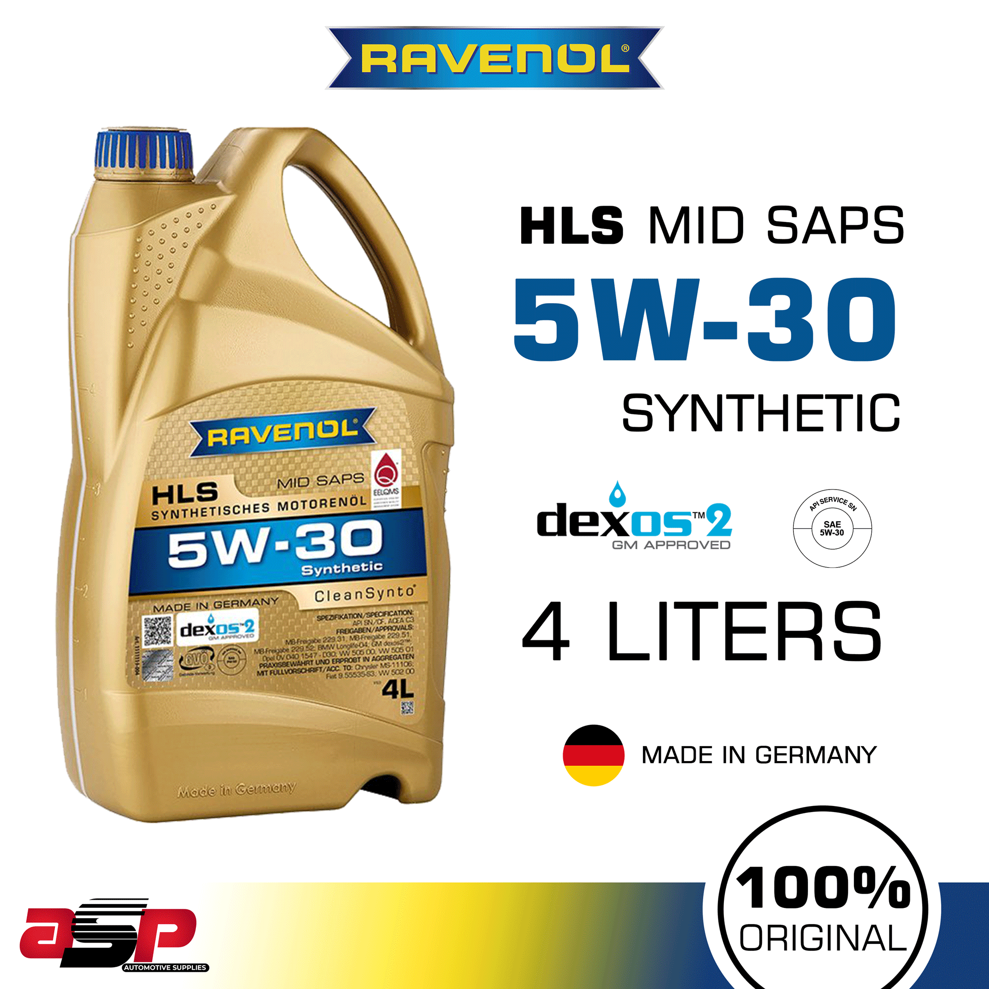 RAVENOL HLS 5W-30 Synthetic Dexos 2 Gas and Diesel Oil 4 Liters