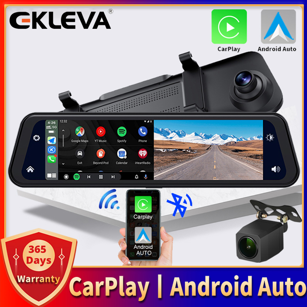 EKLEVA Dual Camera Car Mirror Carplay & Android Auto Wireless Dash Cam