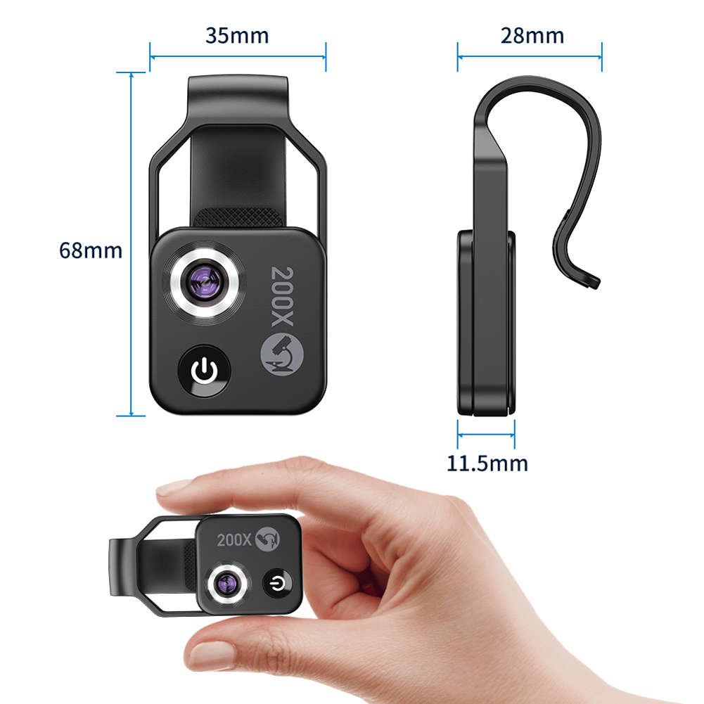 200X Portable Microscope Universal Mobilephone Microscope with 6 LED Lights 2 Level Brightness Adjustable No Need APP Multifunctional Microscope with CPL for Child Students Study Electronics Industry Testing