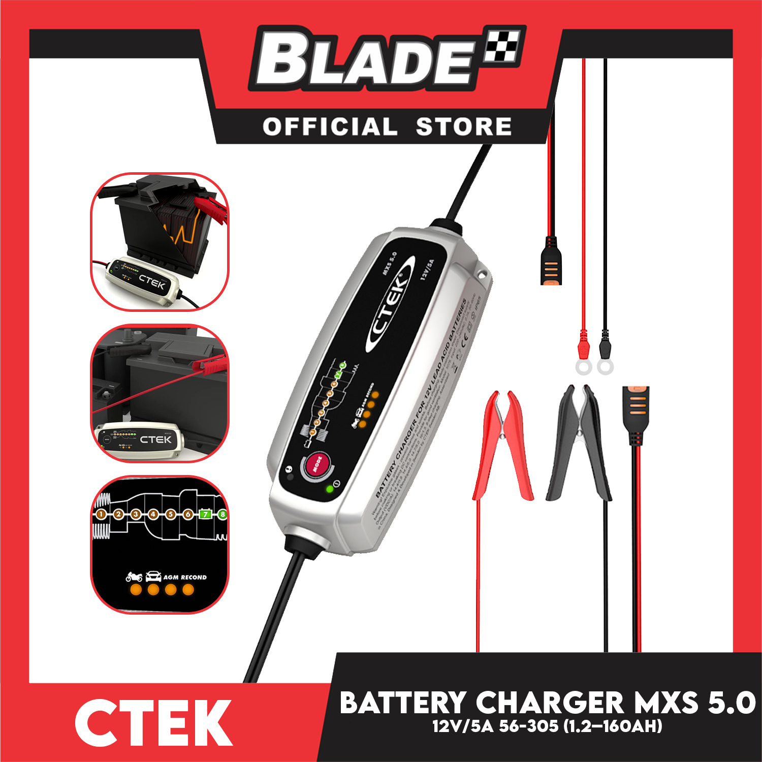 CTEK MXS, 5.0 56-305 Battery Charger portable, trickle charger, 5A, 12V,  1.2-110Ah