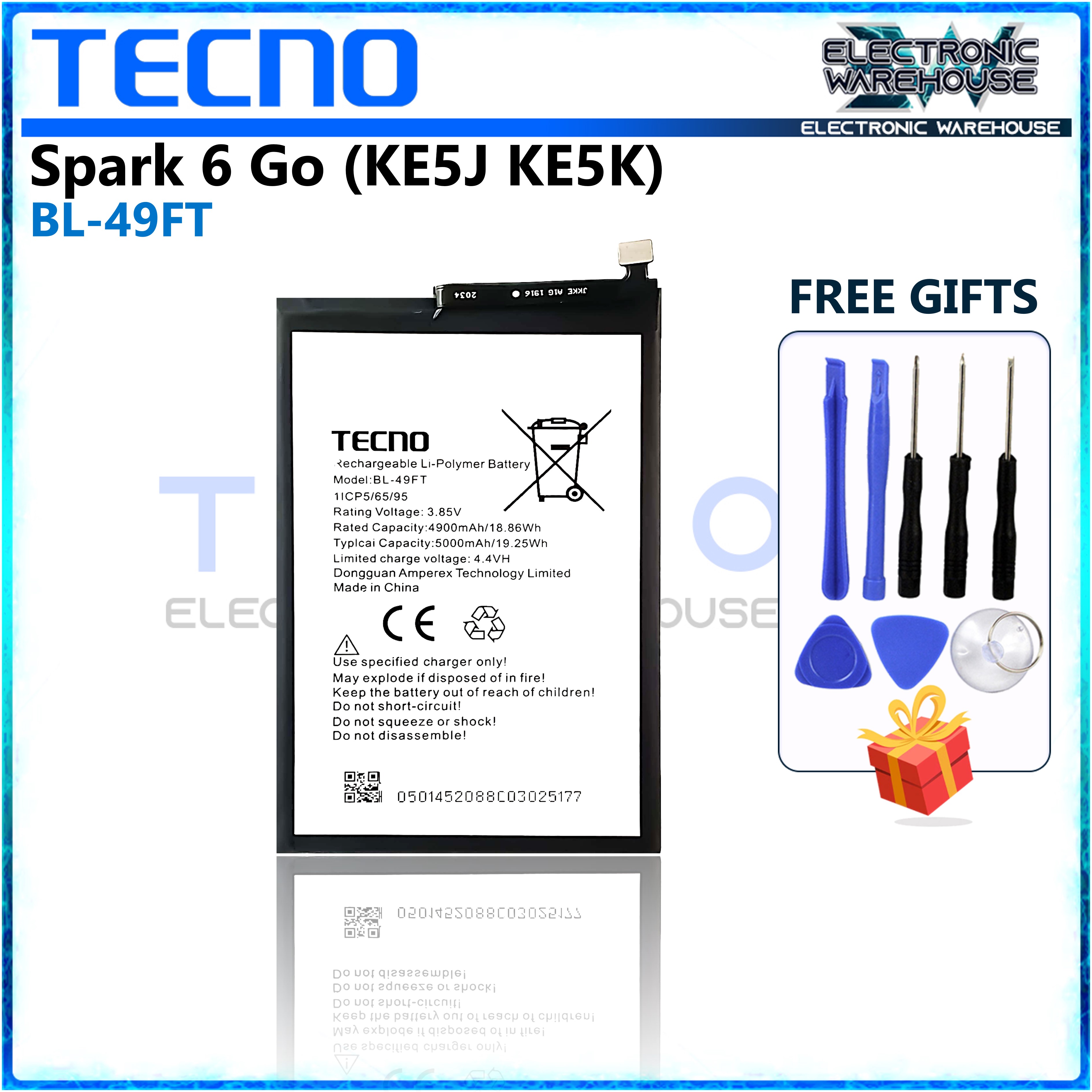 Battery for Tecno Spark Go Model BL-49FT KE5J KE5K 5000mAh Capacity