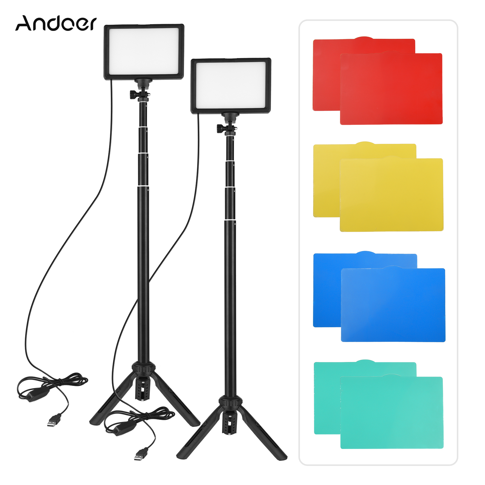 Andoer 2 PCS USB LED Video Light Kit Photography Lighting 3200K-5600K 120pcs Beads 14-level Dimmable with 148cm/58in Adjustable Height Tripod Stand 5pcs White/ Red/ Yellow/ Green/ Blue Filters Triple Cold Shoe Mount for Video Live Streaming