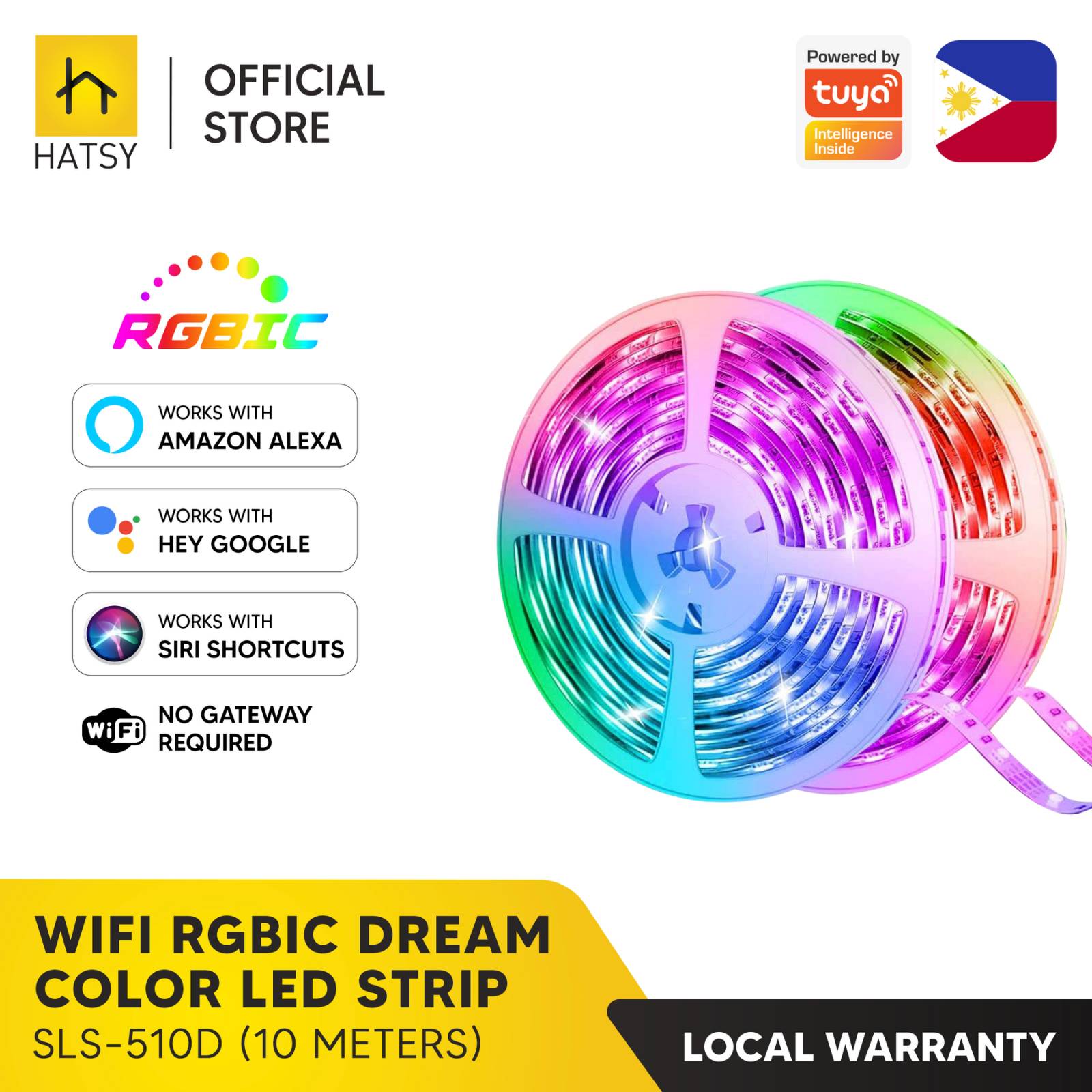 HATSY - 5 Meters / 10 Meters, Smart RGBIC LED Strip, DREAM COLOR, Built-in  Mic Music Sync, USB-Type C, IP65 Weatherproof, Works with HATSY App,   Alexa, Google Home and Siri Shortcuts (