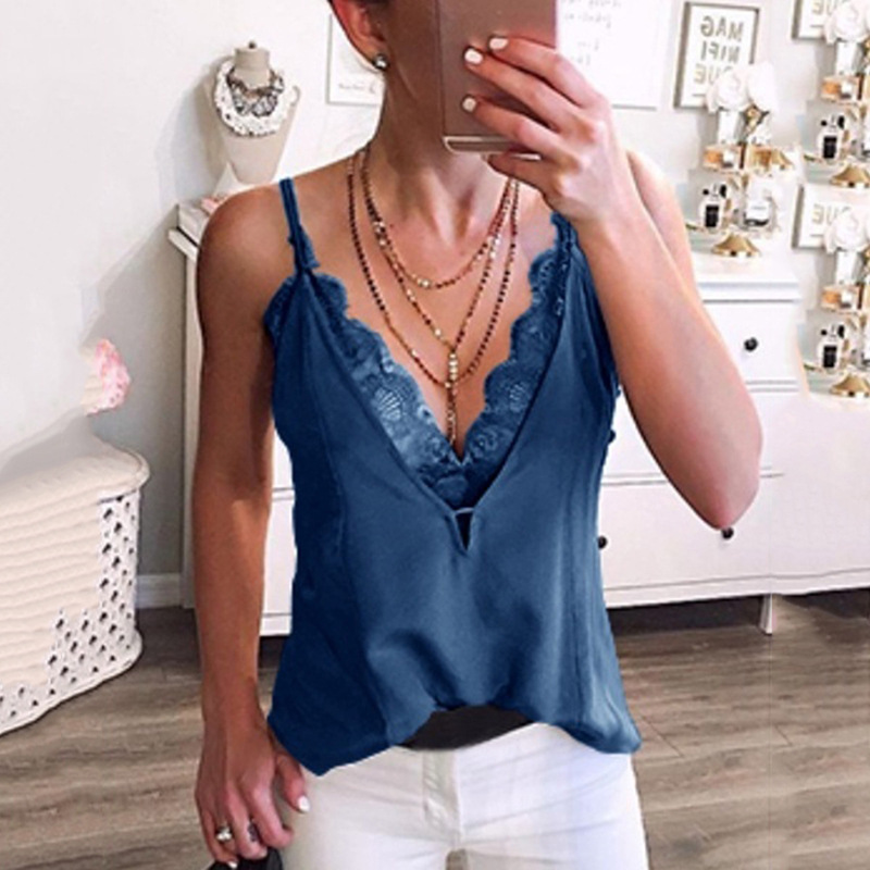 Blues Shop Womens Fashion Sleeveless Solid Color Deep V Neck Tank Tops Backless Lace T-Shirts Vest Casual