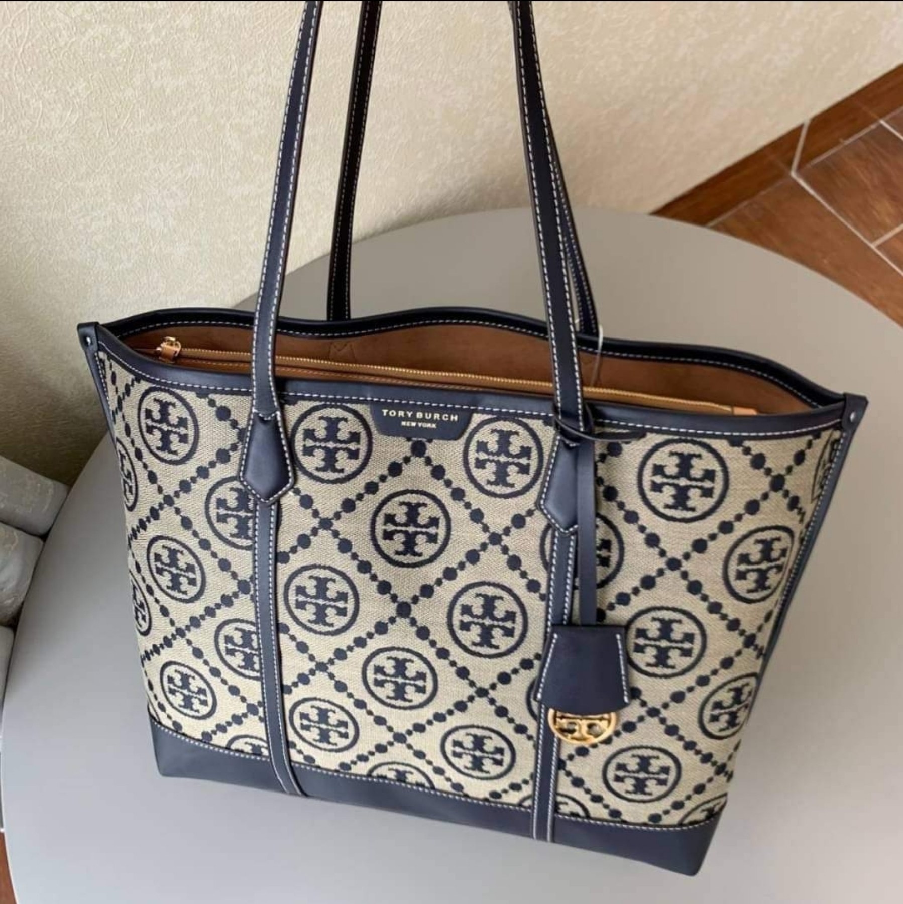 .Y . 83312 Perry T Monogram Triple Compartment Tote Bag in  Navy Blue Woven Jacquard with Fine Leather Trim - Women's Bag | Lazada PH