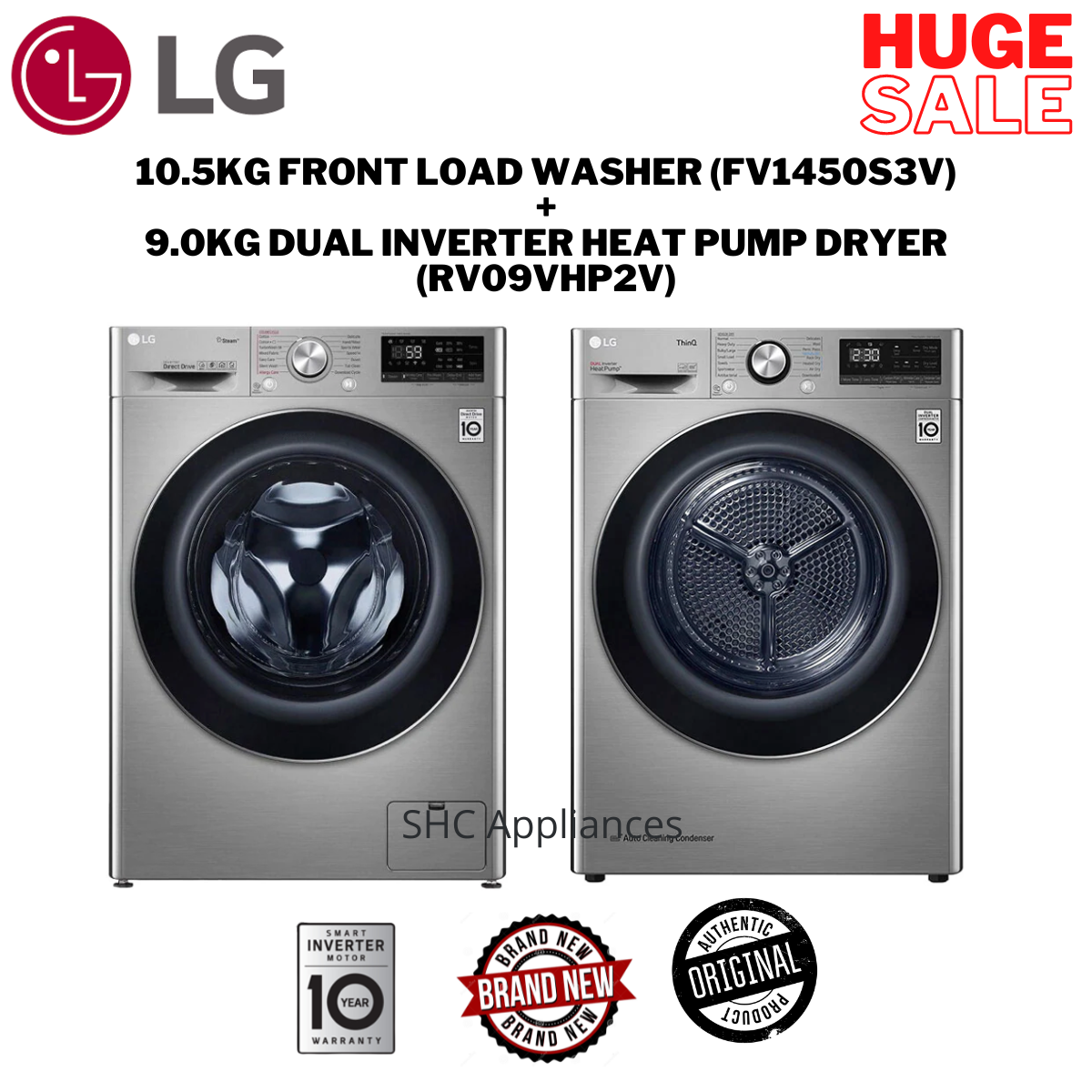 LG 10.5kg FRONT LOAD Washer (FV1450S3V) + 9.0kg Dual Inverter Heat Pump Dryer (RV09VHP2V