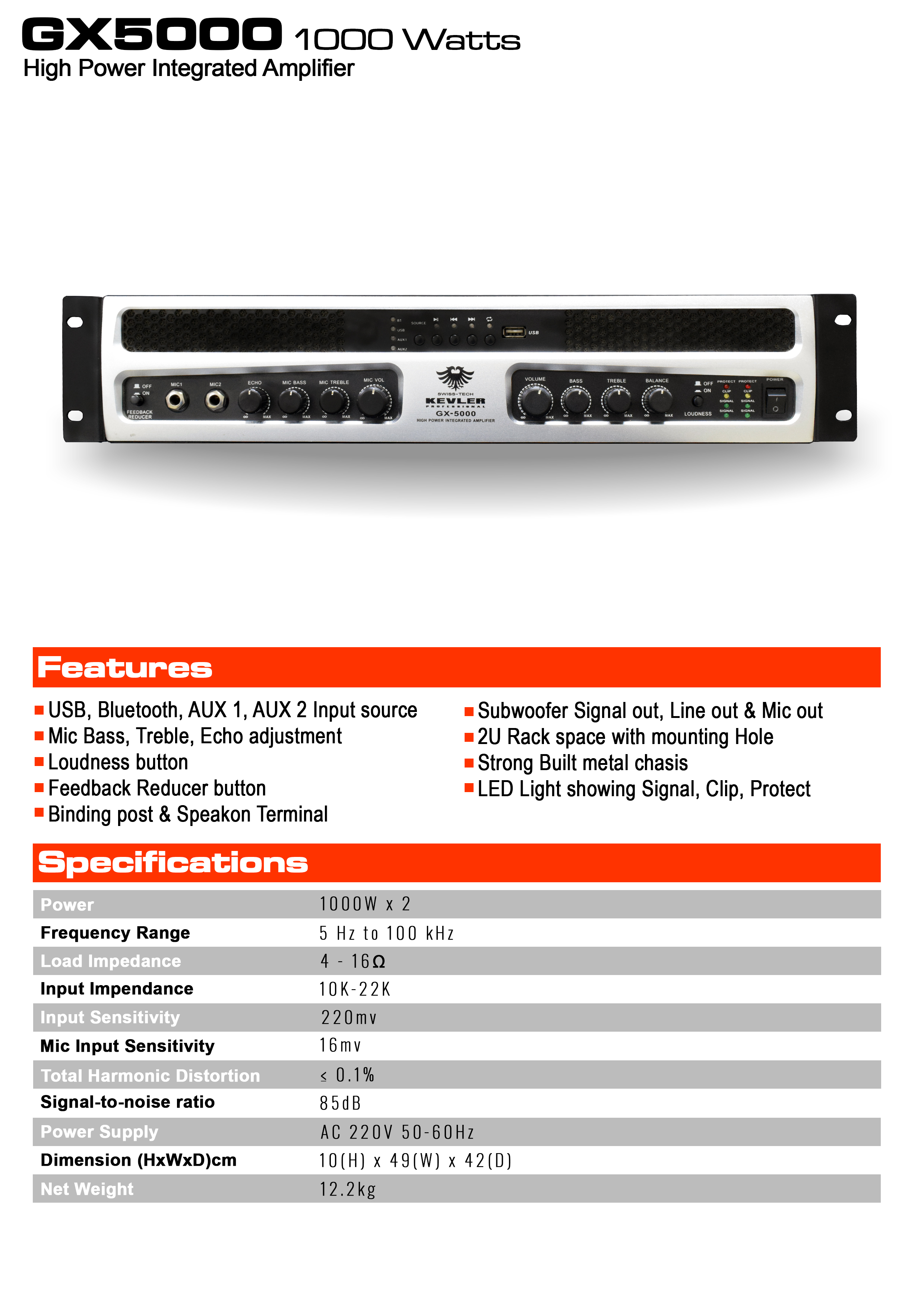 Kevler Gx 5000 1000w X 2 Amplifier With Usb Bluetooth Mic Feedback Reducer Sub Woofer Out Line Out And Mic Out Lazada Ph