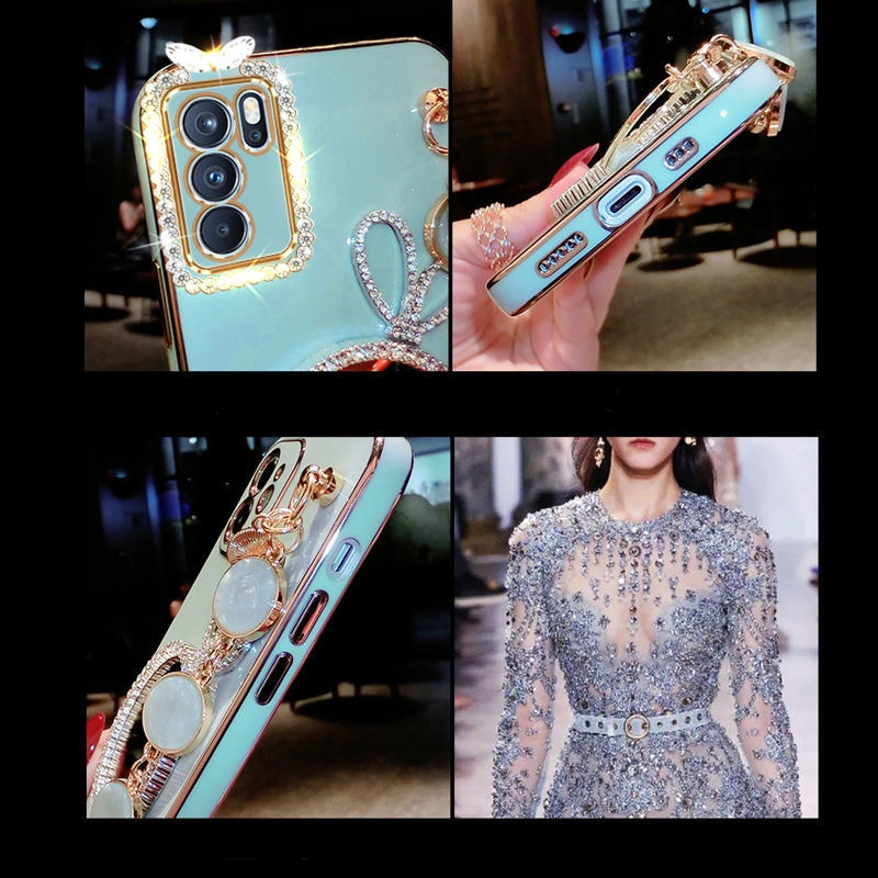 AnDyH Precise camera protection case For OPPO A16 2021 cases Bunny makeup mirror with gemstone bracelet