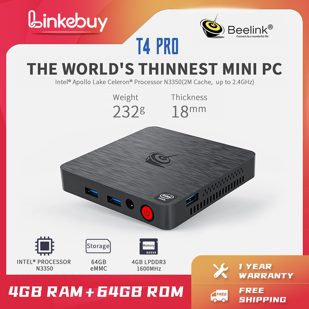 Beelink T4 Pro Mini PC, Intel N3350(Up to 2.4GHz), 4G LPDDR3 64G eMMC Mini  Computer, Mini Desktop Computer Support Dual HDMI 4K Display
