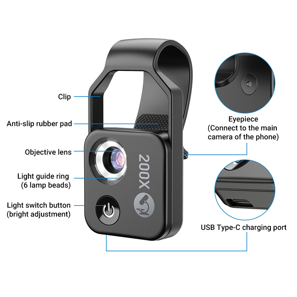 200X Portable Microscope Universal Mobilephone Microscope with 6 LED Lights 2 Level Brightness Adjustable No Need APP Multifunctional Microscope with CPL for Child Students Study Electronics Industry Testing