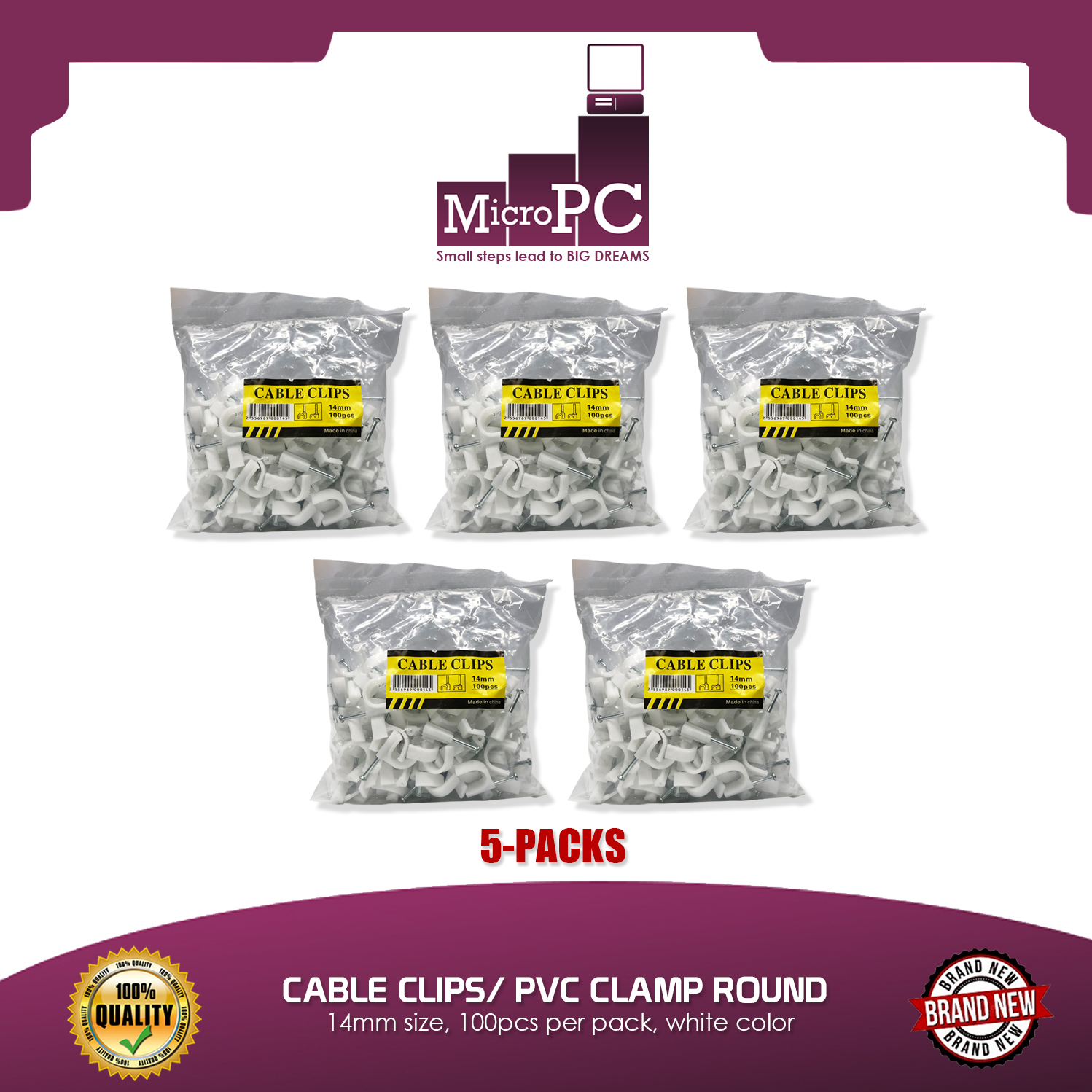 Cable Clips/ PVC Clamp round, 14mm size, 100pcs per pack, white color ...