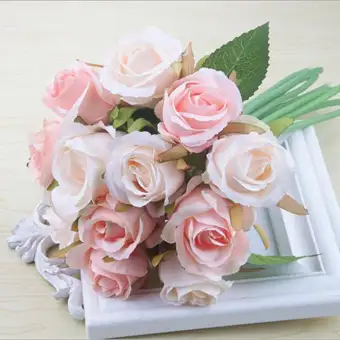 12pcs Lots Artificial Rose Flowers Wedding Bouquet White Pink Thai