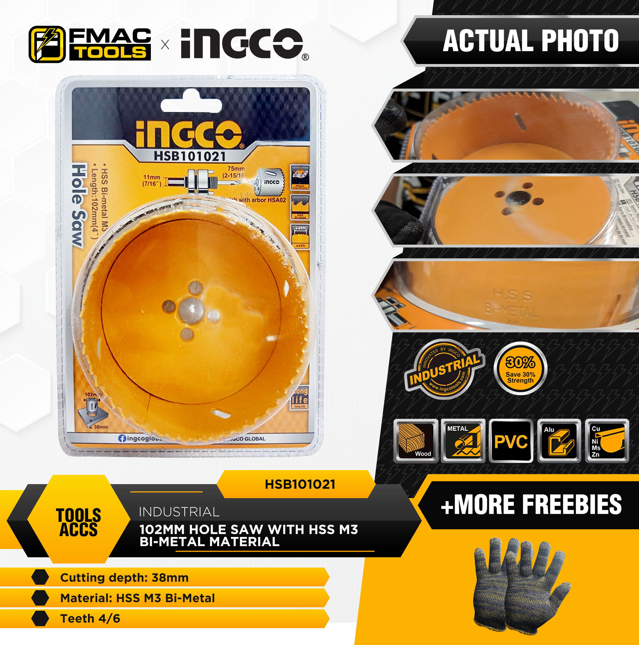 INGCO Industrial 102mm Hole Saw with HSS M3 BiMetal Material HSB101021