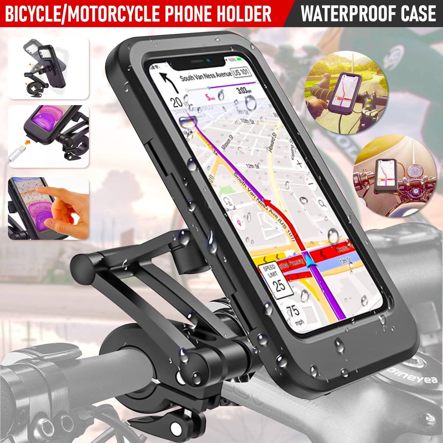 Shockproof Phone Bike Bracket Bike Phone Mount 360 Degree Rotation Motorcycle Cell Phone Mount Adjustable Mobile Phone Holder Black 1pc 