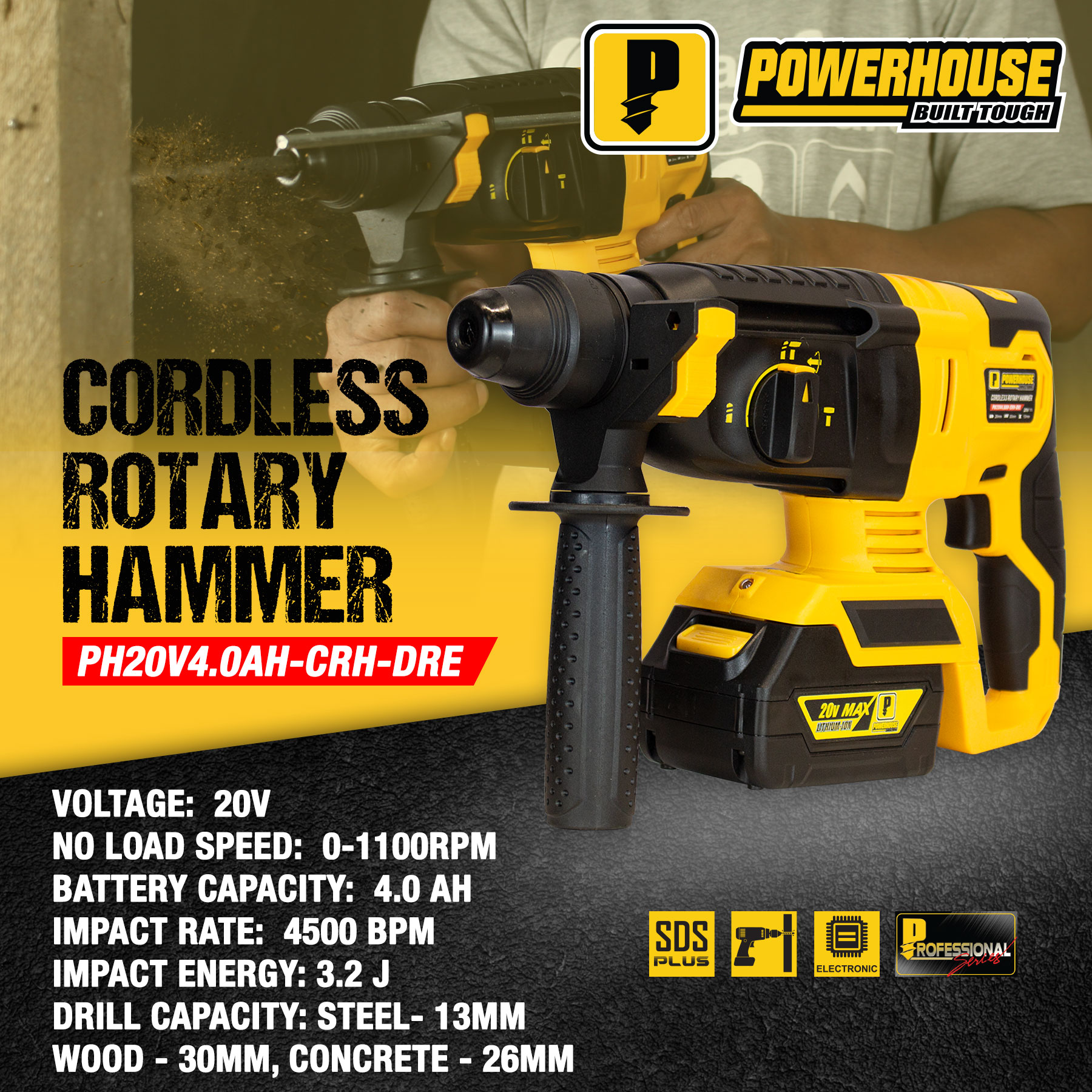POWERHOUSE Cordless Rotary Hammer SDS PLUS 20V MAX  PHPT