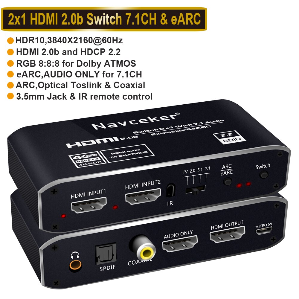 2X1 4K HDMI Switch Earc Audio Extractor With ARC & Optical