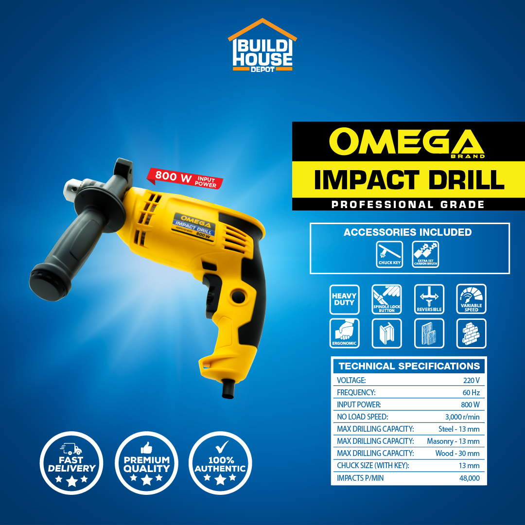 OMEGA 800W Professional Industrial Impact Drill - Variable Speed Heavy ...