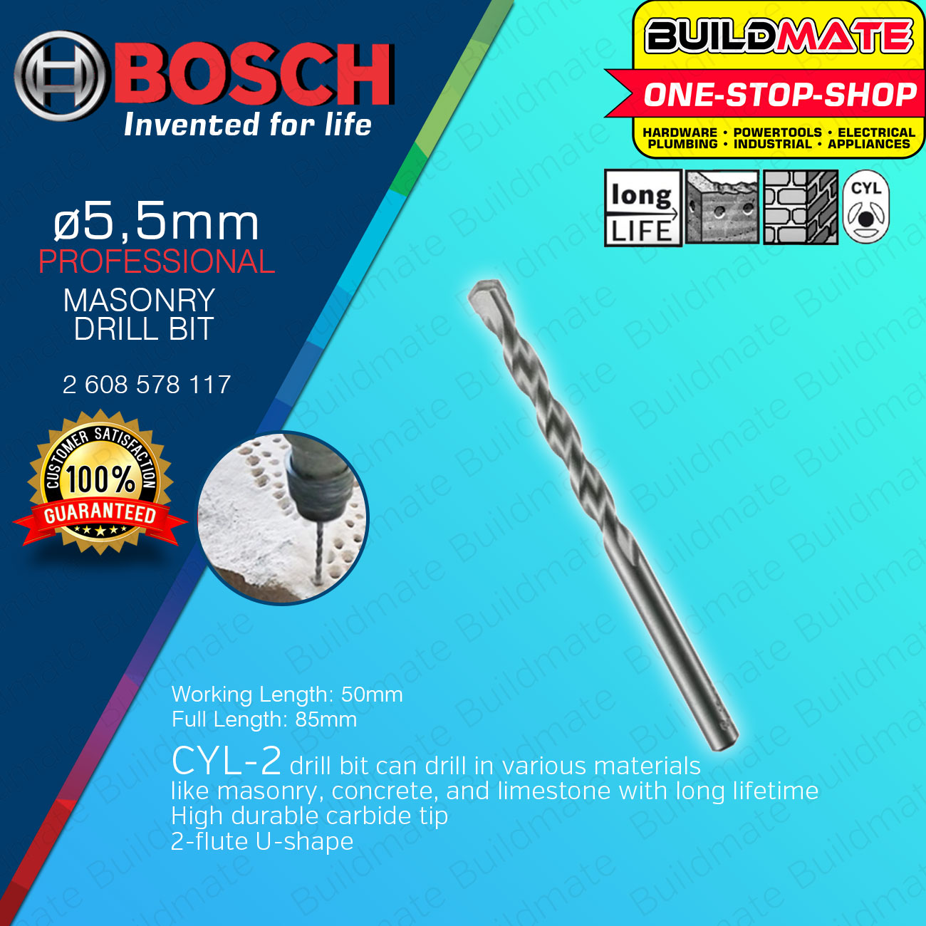 BUILDMATE Bosch CYL2 Drill Bit for Masonry Concrete Limestone Drilling