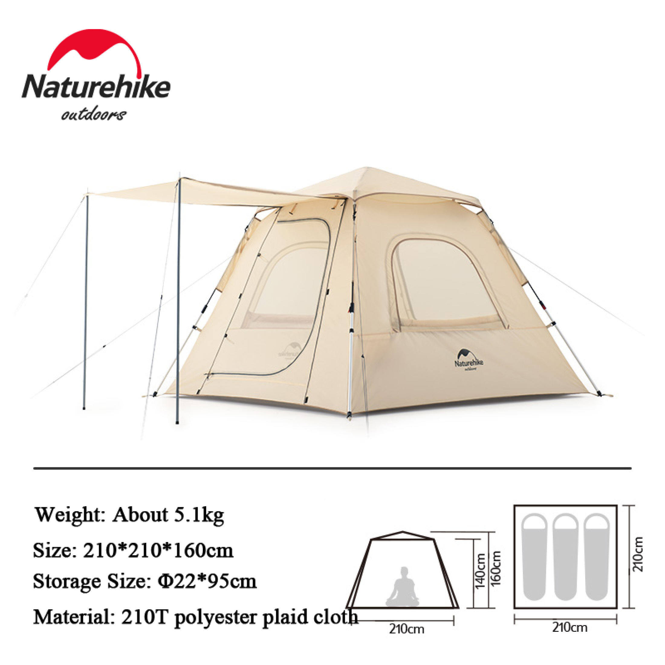 Naturehike Ango 3 Popup Tent Large Capacity Automatic Tent 3 Persons