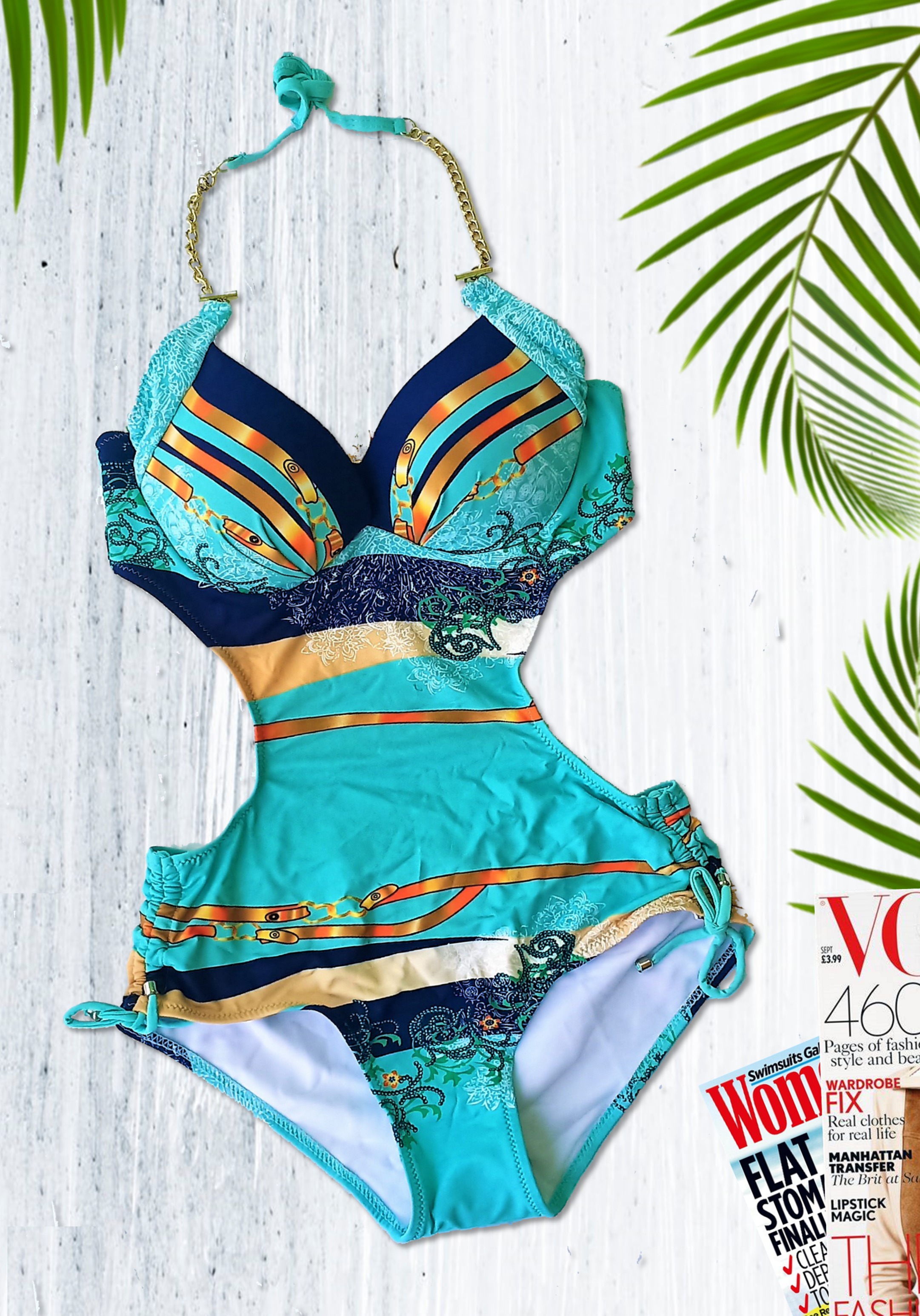 Elegant Swimwear / Swimsuit with gold chain strap With Matching Scarf